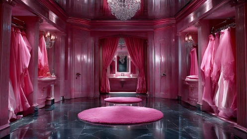 Symmetric fuchsia couture dressing chamber with marble contrast.
