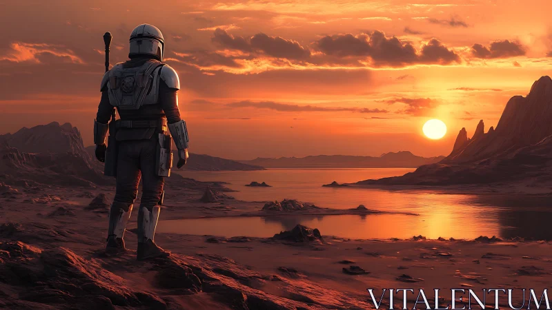 Armored explorer surveys alien desert under molten sunset.