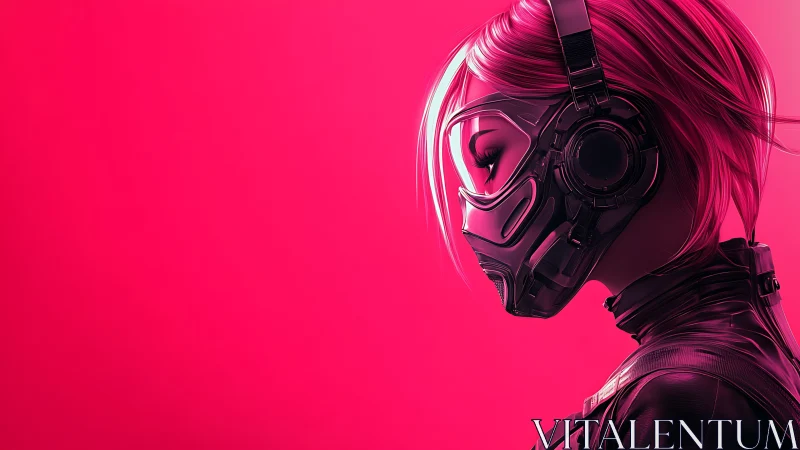 Neon cyber heroine in quiet profile against glowing pink sky.