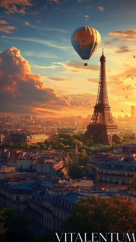Sunlit Parisian skyline with hot air balloon over Eiffel Tower.