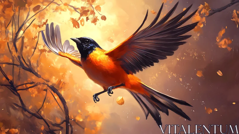 Vibrant orange bird in flight amid autumn leaves, digital painting.