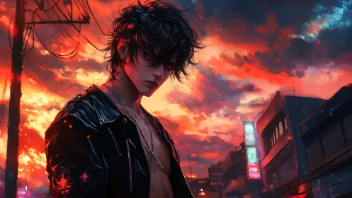 Brooding street rebel stands under blazing neon sunset sky