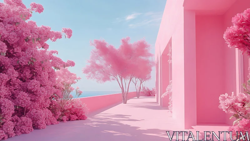 Pastel pink seaside terrace with ethereal cotton trees.