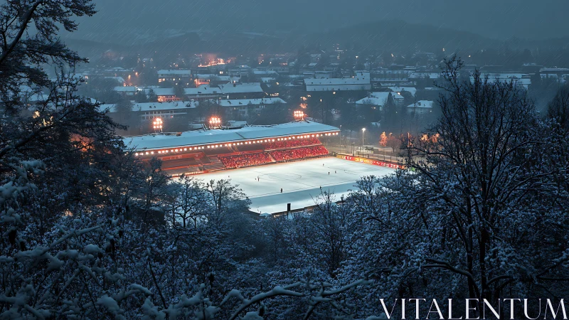 Winter night football stadium glowing through snowy trees.