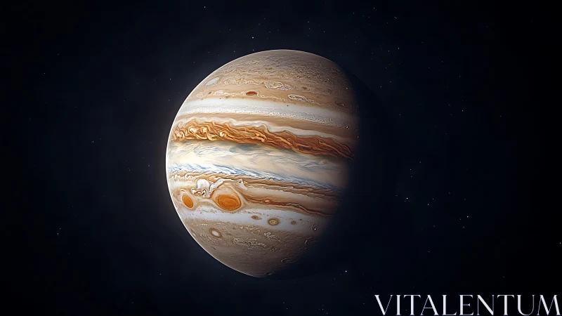 Jupiter gas giant portrait shows swirling storm bands clearly.