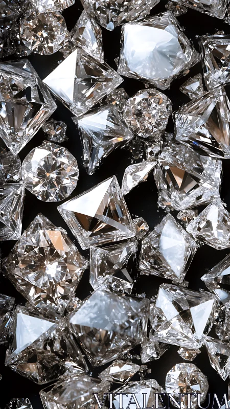 Cut diamonds scatter across dark ground in sharp brilliance.