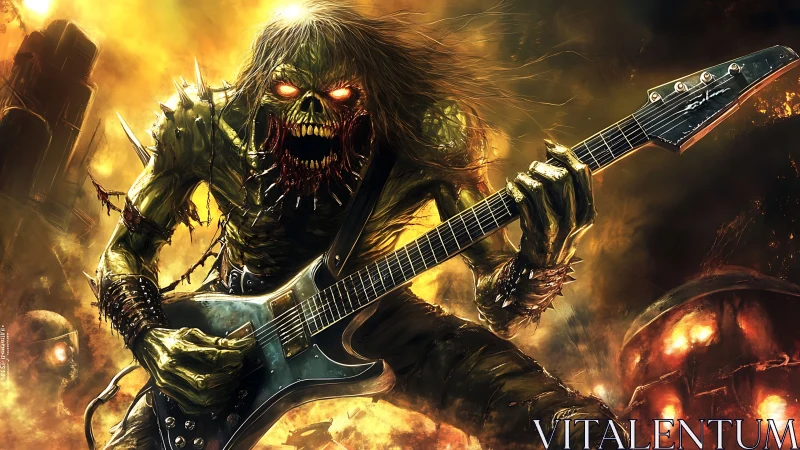 Fiery metal monster shreds a guitar in a blazing wasteland
