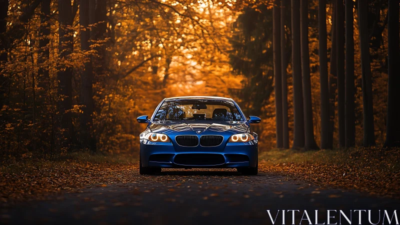 Blue performance sedan in telephoto autumn forest corridor.