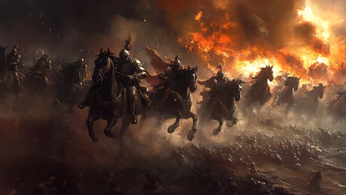 Armored warhorses thunder through a burning twilight kingdom