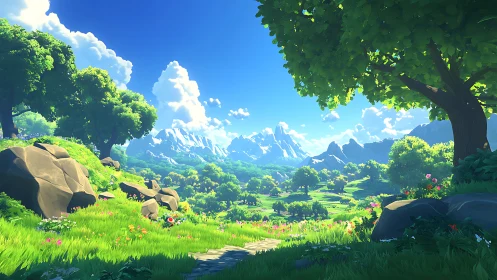 Stylized volumetric-lit valley landscape with distant alpine ridges