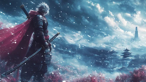 Lone samurai surveys a frozen valley before distant temple