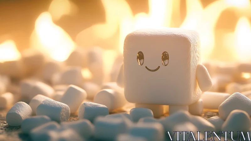 Anthropomorphic marshmallow character rendered in luminous 3D environment.