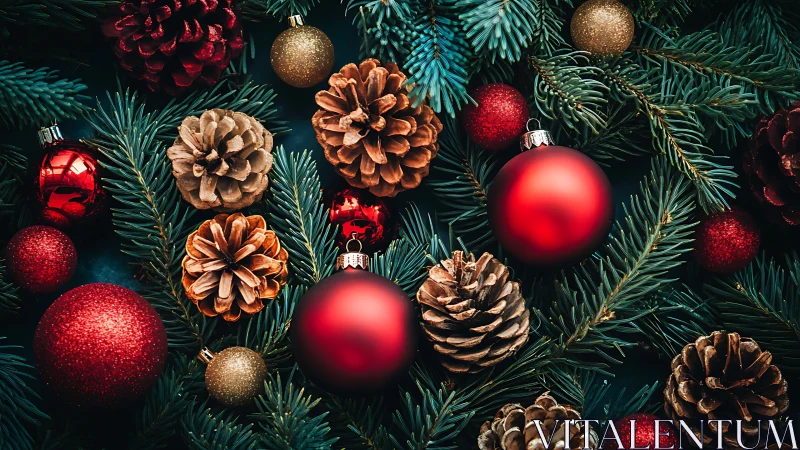 Crimson baubles and pinecones whisper over winter needles