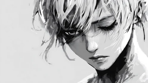 Melancholic monochrome portrait captures downcast anime face