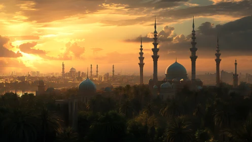 Golden sunset over serene domes and palm-filled skyline.