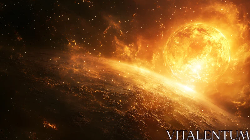 Stellar body near planetary horizon in intense orange light.