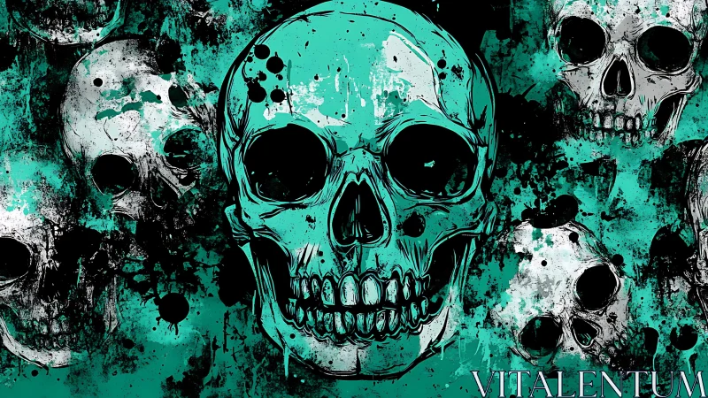Skull pattern illustration with teal splatter background.
