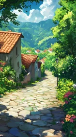 Sunlit village lane with mountains and stone path.