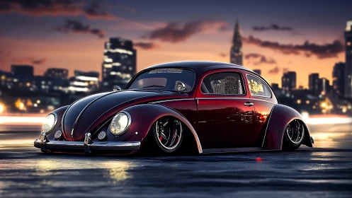 Low-slung classic beetle with urban nightlight reflections.