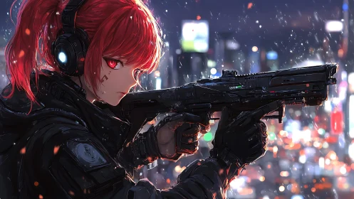Cyberpunk sniper girl aims rifle over neon city at night.