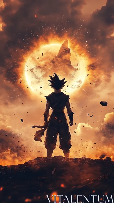Lone anime warrior confronts erupting celestial firestorm