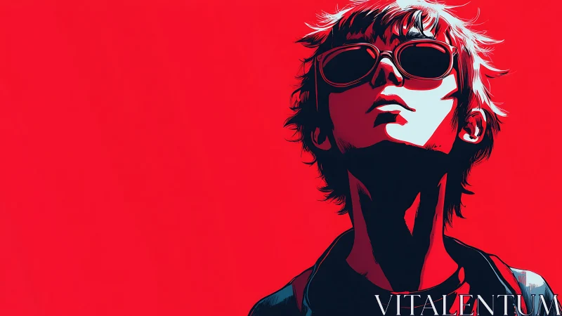 Bold anime teen in sunglasses stares into vivid red sky.