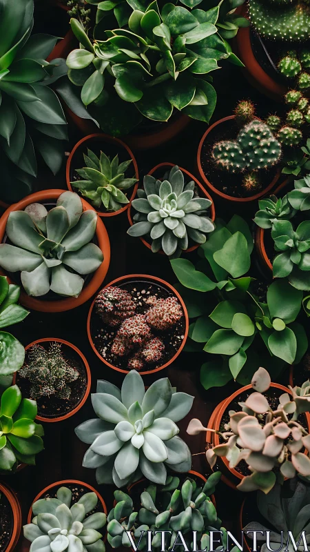 Top-down macro study of mixed potted succulents and cacti