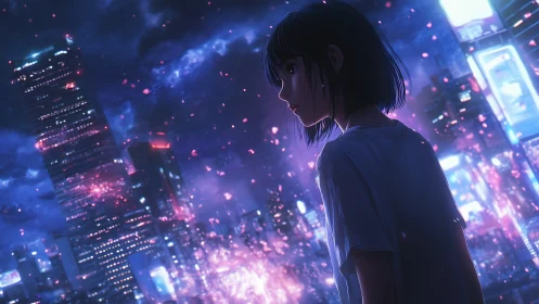 Cyberpunk skyline study with reflective anime protagonist profile.