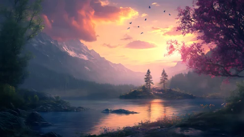 Mountain lake landscape under sunset sky with birds in flight.