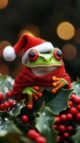 Santa-hatted tree frog guards holly berries like festive jewels