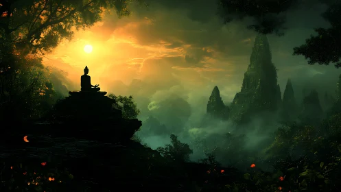 Meditating figure overlooks misty jade mountains at sunrise
