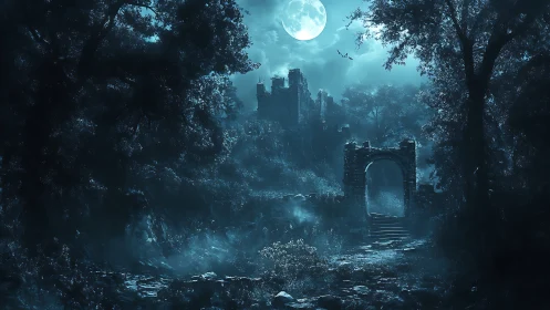 Moonlit ruins loom beyond a shadowed forest gateway.