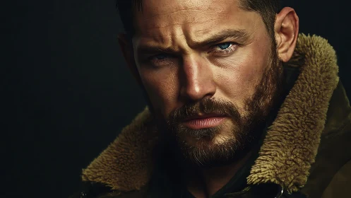 Storm-eyed wanderer framed in rugged winter collar.