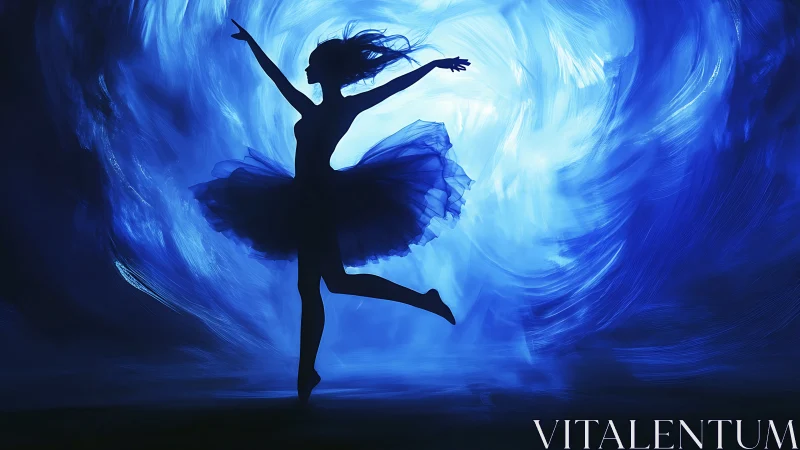 Silhouetted ballerina arcs through luminous swirling blue vortex