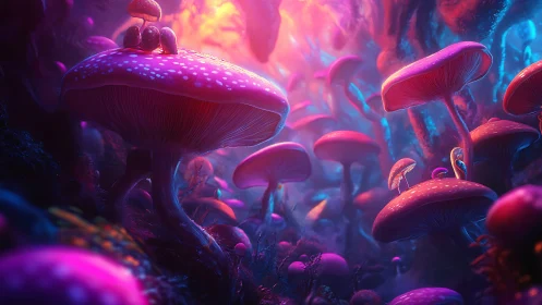 Glowing pink mushroom forest bathed in soft magical light.