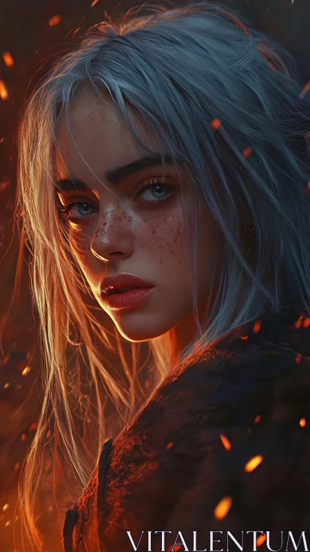 Digital portrait depicts silver-haired subject amid embers