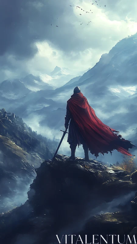 Armored figure stands on rocky cliff facing snow-covered mountains