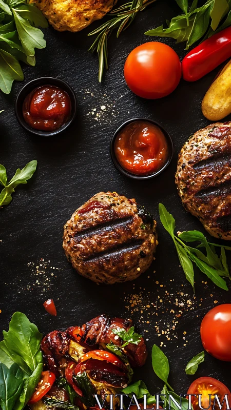 Grilled burger patties rest on dark slate with fresh garnish