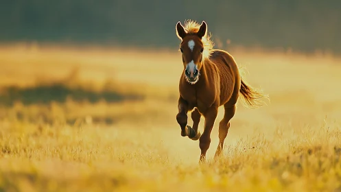 Young chestnut foal runs freely through golden meadow light.