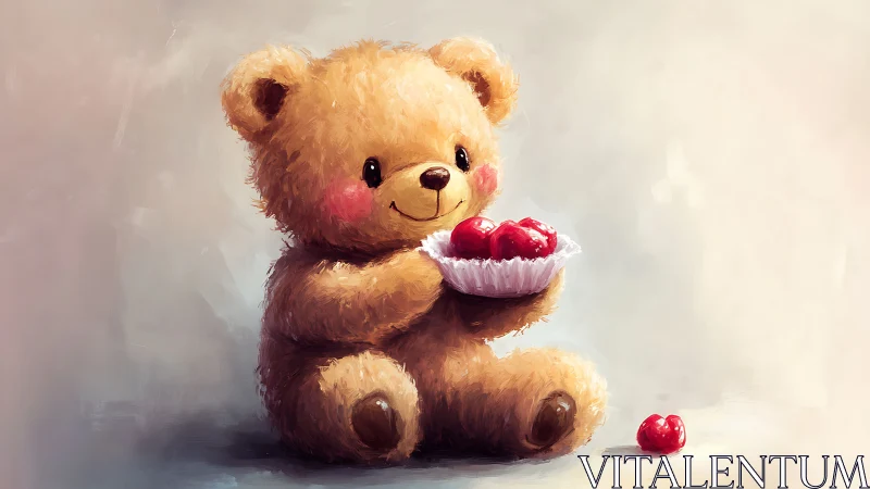 Smiling teddy bear holds bright cherries in soft light.