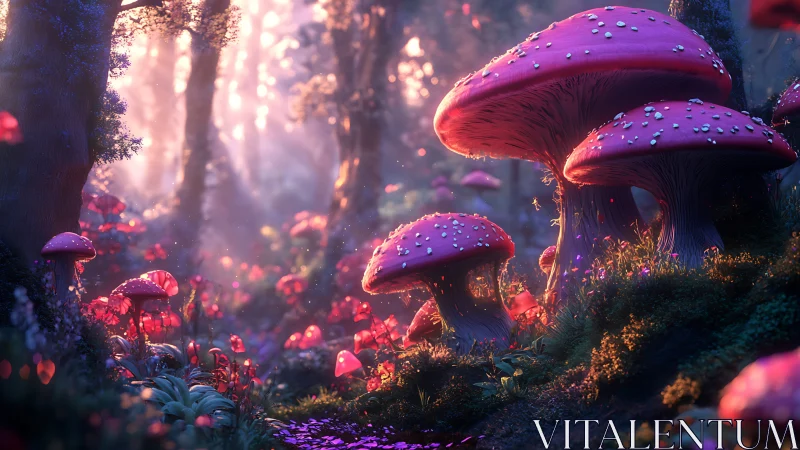 Luminescent pink mushrooms in dense forest clearing at dusk.