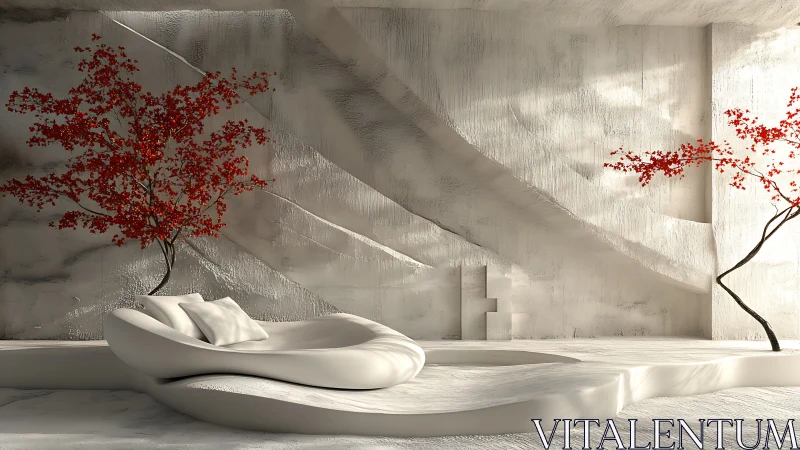 Serene Minimalist Haven with Crimson Cherry Blossoms.