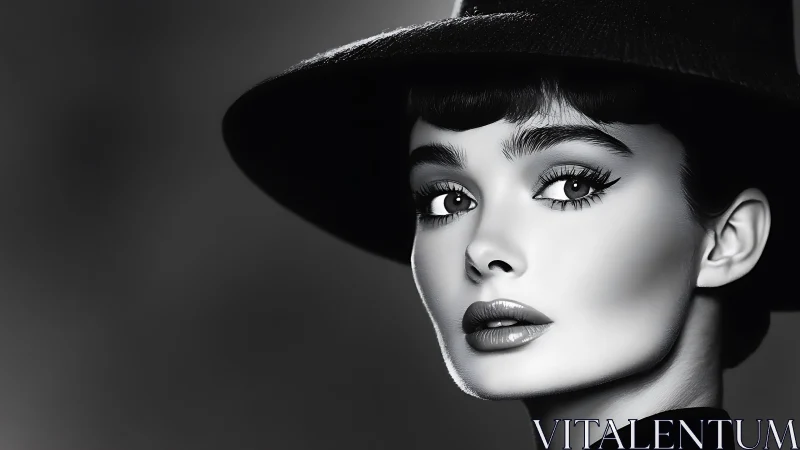 Monochrome female portrait with wide hat in profile view.