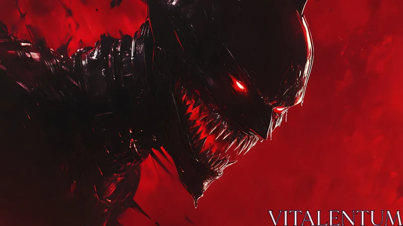 Ferocious shadow creature grins with eerie glowing red eyes