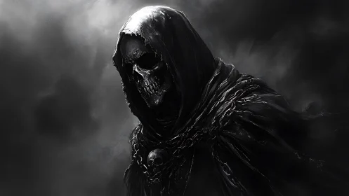 Hooded skeletal reaper emerging from swirling black void.
