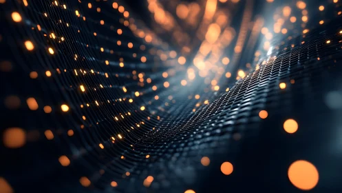 Abstract glowing mesh wave with orange lights, futuristic digital art.