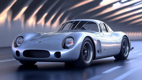 Streamlined silver racing coupe under tunnel light dynamics.