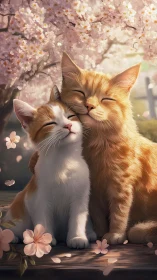 Two Cats in Bloom: Digital Portrait with Cherry Blossoms.