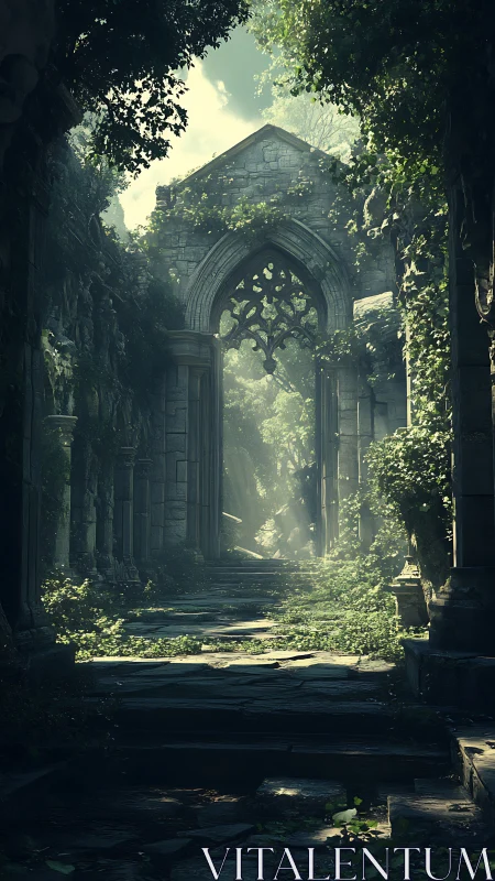 Overgrown Gothic Ruins Framed By Arched Stone Portico.