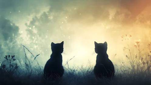 Two Feline Silhouettes Contemplate the Golden Sky